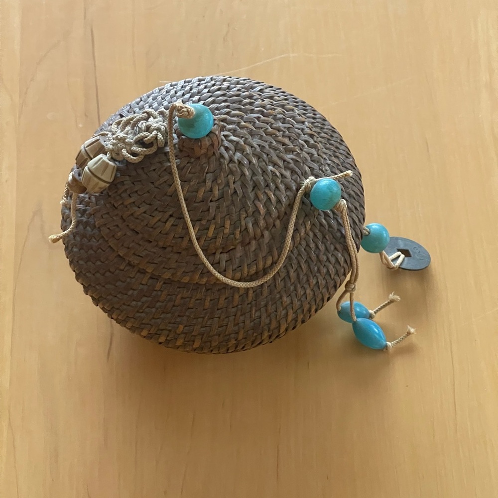 Vintage Brown Beaded Basket w/Glass Turquoise Beads